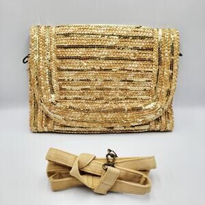 Limited Edition Woven Straw Raffia Golden Sequin Foldover Clutch Shoulder Bag